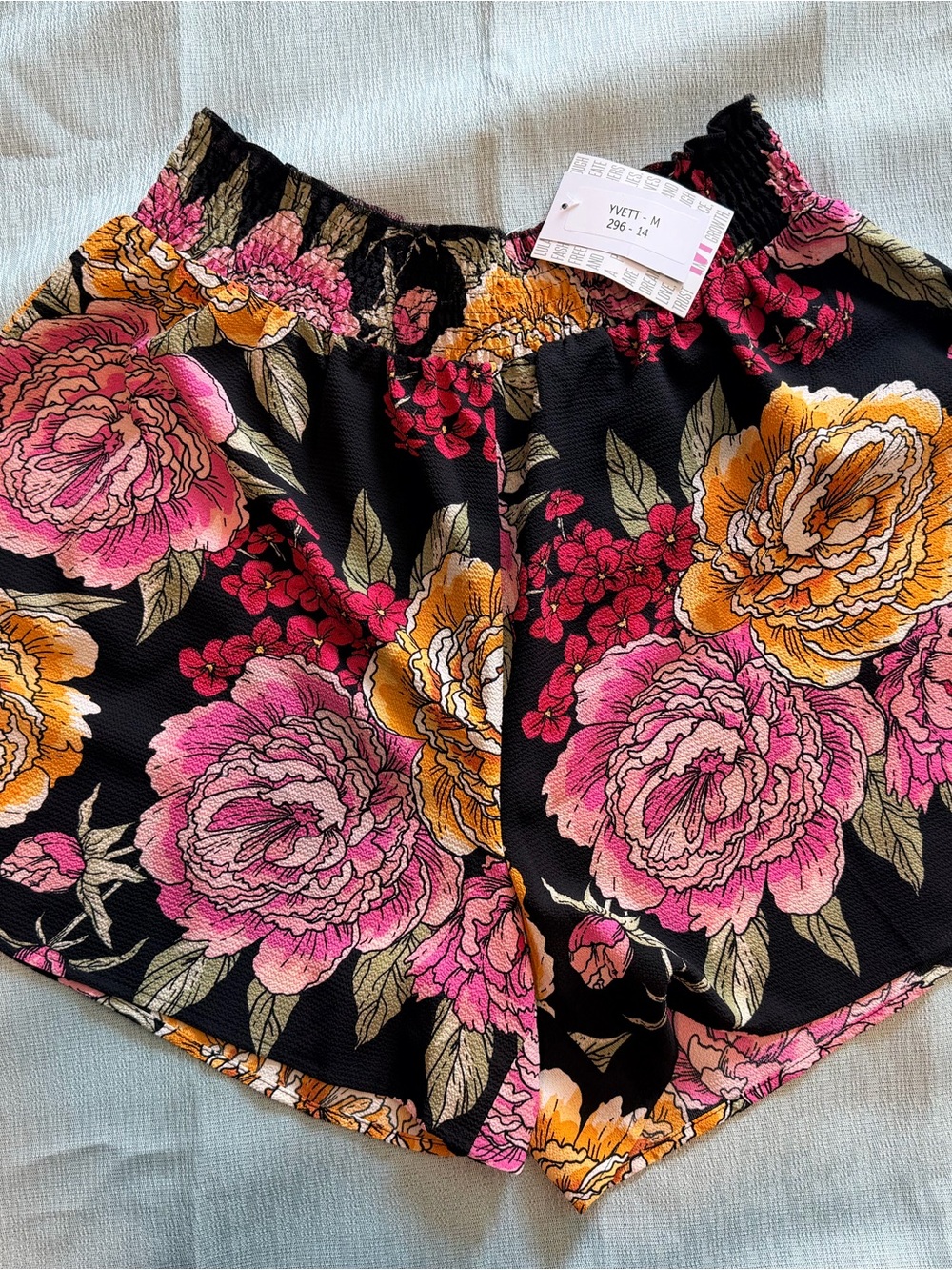 LuLaRoe Floral Elastic-Waist Shorts - Black with Pink & Yellow Blooms
